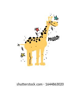 Vector cartoon drawing. Cute giraffe. Kids print.