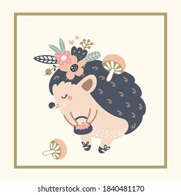 Vektorgrafik-Zeichnung eines süßen Hedgehogs mit Blumen und Pilzen in einem Rahmen für Kinderdekoration, Nahaufnahme