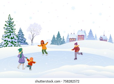 Vector cartoon drawing of cute kids skating in a snowy village, on a white background