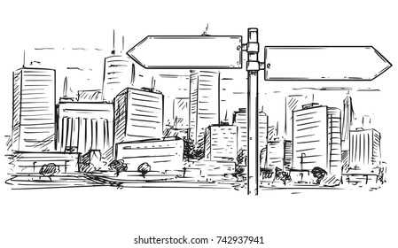 Vector Cartoon Drawing Of Empty Blank Road Traffic Sign On City High Rise Buildings Background.