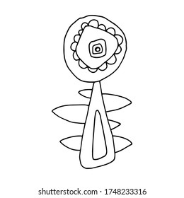Vector cartoon drawing of a flower. Black outline. Flower isolated on white background. Graphic floral elements for greeting cards, posters, stickers and professional design. EPS 8.
