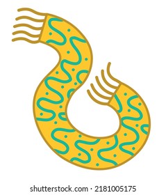 Vector cartoon drawing of flying yellow scarf with blue wavy pattern. Fun graphic print illustration for Christmas, New Year, birthday, celebration.