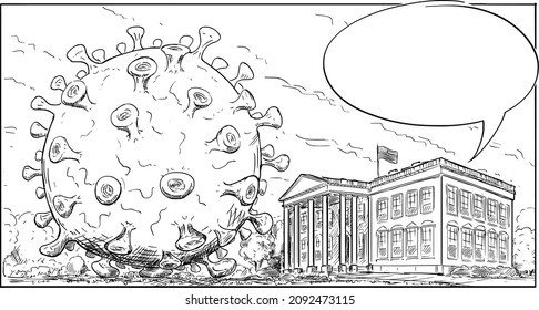 Vector cartoon drawing of giant or big Covid-19 or SARS-CoV-2 coronavirus or virus on White House garden, residence of president of United States, concept of epidemic in US. Empty speech bubble.