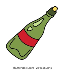 Vector. Cartoon drawing of a green wine bottle. A bottle of champagne. Christmas design element