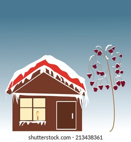 vector cartoon drawing of a house roof door wall window  tree rowan berries