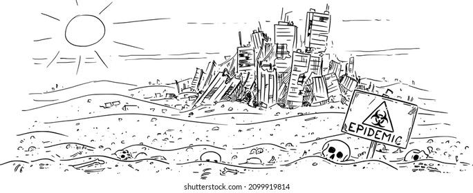 Vector cartoon drawing or illustration of abandoned desert landscape with bones and skulls, abandoned city on background. Concept of epidemic, pandemic, coronavirus or covid-19 virus.