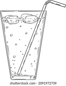 Vector cartoon drawing illustration of cold lemonade, cocktail or drink with straw and ice.