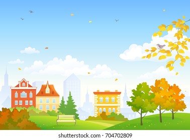 Vector cartoon drawing of an old town autumn park