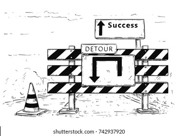 Vector cartoon drawing of road traffic block stop detour with success sign boards.