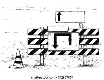 Vector Cartoon Drawing Of Road Traffic Block Stop Detour With Empty Blank Sign Boards.