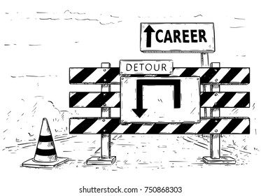 Vector Cartoon Drawing Of Road Traffic Block Stop Detour With Career Sign Boards.