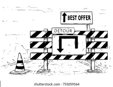 Vector cartoon drawing of road traffic block stop detour with best offer sign boards.
