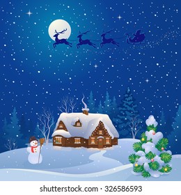 Vector cartoon drawing of a Santa Claus sleigh flying over a snowy house, fir woods and cute snowman, square design background