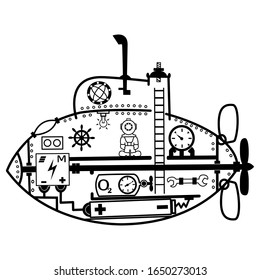 Vector cartoon drawing of a submarine inside with elements and a diver on a white background for your creativity