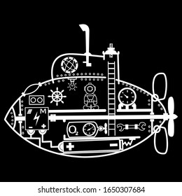 Vector cartoon drawing of a submarine inside with elements and a diver on a black background for your creativity