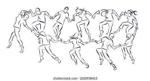 vector cartoon drawing ten young people dancing in sircle holding by hands