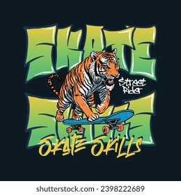 Vector cartoon drawing of a tiger riding a skateboard and graffiti writing