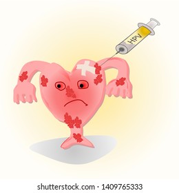 Vector cartoon drawing, The uterus is full of blisters and have a syringe with the HVP message on it. Concept Vaccination against HPV infection.