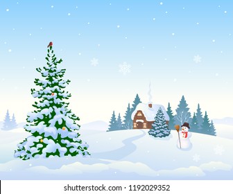 Vector cartoon drawing of a winter landscape background with a snow covered small cottage and Christmas tree