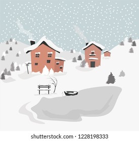 Vector cartoon drawing of winter landscape with mountains, a snow covered cottage, frozen lake, boat, fir trees, bird.         