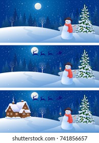 Vector cartoon drawing of a winter night scene with a greeting snowman, Christmas tree and a snow covered cottage, horizontal banners collection