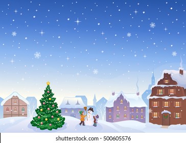 Vector Cartoon Drawing Of A Winter Small Town, Cute Scene With Kids Making A Snowman, Beautiful Snowy View