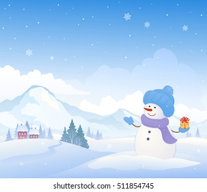 Vector cartoon drawing of a winter snowy mountains background and a cute snowman with a gift