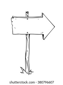 Vector cartoon drawing of wooden signboard with arrow.