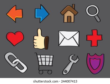 Vector cartoon drawings of internet web and computer icons isolated on grey background.