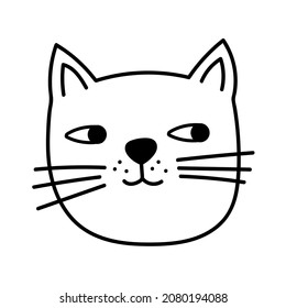 vector cartoon drawn doodle cat head, cute and funny, isolated