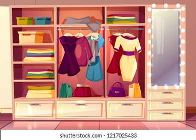 Vector cartoon dressing room of a woman. Wardrobe with clothes, hangers with costumes and big illuminated mirror. Bright background with cloakroom, boxes and purses. Interior of checkroom.