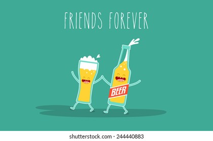 Vector cartoon. Drink beer. Friends forever. Glass of beer with bottle of beer. You can use in the menu, in the shop, in the bar, the card or stickers.