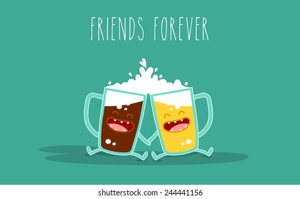 Vector cartoon. Drink beer. Friends forever. Glass of beer. You can use in the menu, in the shop, in the bar, the card or stickers.