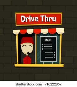 vector cartoon drive thru illustration with menu and nice employee and advertisement