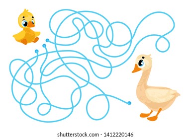 Pato vector de dibujos animados y pato al estilo de los niños. Ilustraciones vectoriales para libros infantiles. Laberinto. Juego educativo para niños. 