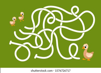 Vector cartoon duck and duckling in children's style. Vector illustrations for children books. Labyrinth. Educational game for children. 