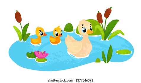 Vector cartoon duck and ducklings on the pond. Vector illustration in children's style.