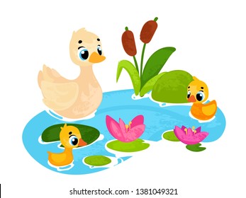 Vector cartoon duck and ducklings on the pond. Vector illustration in children's style.
