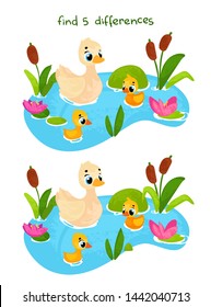 Vector cartoon duck and ducklings on the pond.  Vector illustrations for children books. Find 5 differences. Educational game for children. 