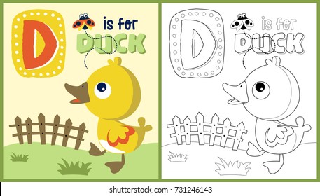 vector cartoon of duckling with a ladybug, coloring book or page