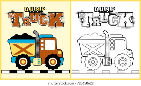 vector cartoon of dump truck, coloring page or book