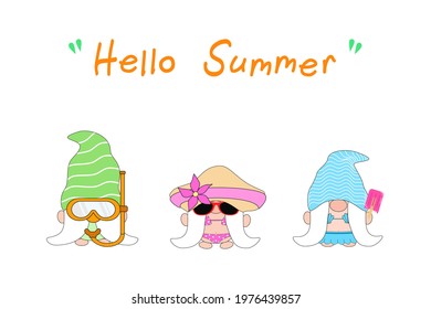 Vector - Cartoon dwarf 3 Gnome in aloha summer concept with bikini, Diving mask. Funny collection. Can be  use decorate any card, web, poster, banner, sticker.