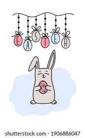 Vector Cartoon Easter Bunny and Eggs Text Garland. Cute Rabbit with painted egg. Blue pink hand drawn Spring Religious Holiday card. Design element for nursery print, greeting card, poster, invitation