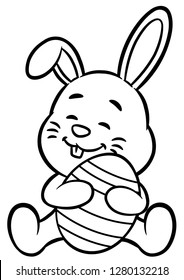 Vector Cartoon Easter Bunny Hugging An Egg Line Art