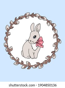 Vector Cartoon Easter Bunny with pink bow in a Spring willow tree branches wreath on blue background. Hand drawn cute cartoon framed Rabbit for design greeting card, poster, invitation, kid print