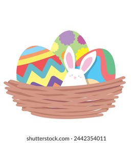 Vector cartoon of Easter eggs with a small cute rabbit in the chicken nest on a white background