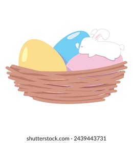 Vector cartoon Easter illustration character with Easter eggs in the nest with sleeping white rabbit on the egg, isolated design on white background. Flat color with simple design.