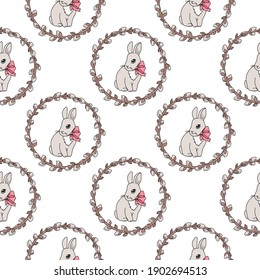 Vector Cartoon Easter Seamless Pattern. Cute Bunny with pink bow in Spring willow branches wreath. Hand drawn cartoon rabbit. Pastel colors background for design kid print, wrapping paper, textile