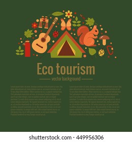 Vector Cartoon Eco Tourism Icons Camping Set: Tent, Backpack, Bird, Squirrel, Hedgehog. Flat Illustration Of Summer Eco Tourism Camping Icons. Ecological Travelling Background For Eco Tourism Designs.