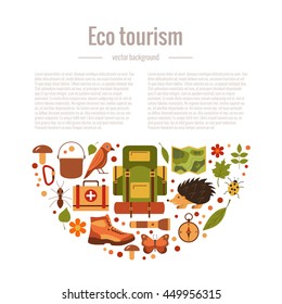 Vector Cartoon Eco Tourism Icons Camping Set: Tent, Backpack, Bird, Squirrel, Hedgehog. Flat Illustration Of Summer Eco Tourism Camping Icons. Ecological Travelling Background For Eco Tourism Designs.